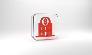 Red Bank building icon isolated on grey background. Glass square button. 3d illustration 3D render.