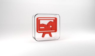 Red Computer monitor with graph chart icon isolated on grey background. Report text file icon. Accounting sign. Audit, analysis, planning. Glass square button. 3d illustration 3D render.
