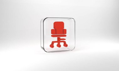 Red Office chair icon isolated on grey background. Glass square button. 3d illustration 3D render.