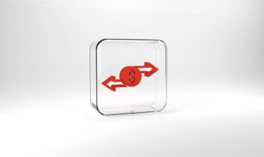 Red Money exchange icon isolated on grey background. Cash transfer symbol. Banking currency sign. Glass square button. 3d illustration 3D render.