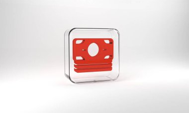 Red Stacks paper money cash icon isolated on grey background. Money banknotes stacks. Bill currency. Glass square button. 3d illustration 3D render.