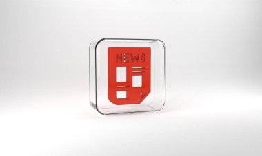 Red News icon isolated on grey background. Newspaper sign. Mass media symbol. Glass square button. 3d illustration 3D render.