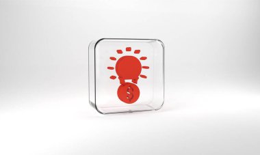 Red Light bulb with dollar symbol icon isolated on grey background. Money making ideas. Fintech innovation concept. Glass square button. 3d illustration 3D render.
