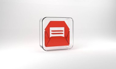 Red Envelope icon isolated on grey background. Received message concept. New, email incoming message, sms. Mail delivery service. Glass square button. 3d illustration 3D render.