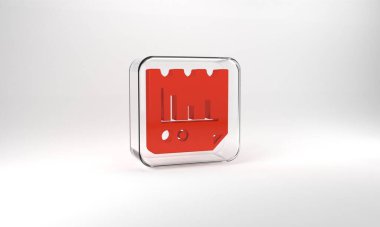 Red Document with graph chart icon isolated on grey background. Report text file icon. Accounting sign. Audit, analysis, planning. Glass square button. 3d illustration 3D render.