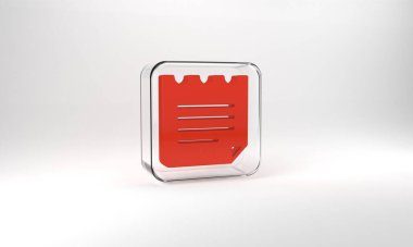 Red Notebook icon isolated on grey background. Spiral notepad icon. School notebook. Writing pad. Diary for school. Glass square button. 3d illustration 3D render.
