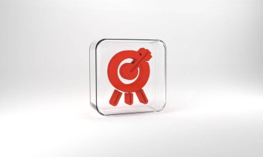 Red Target financial goal concept icon isolated on grey background. Symbolic goals achievement, success. Glass square button. 3d illustration 3D render.