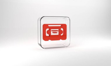 Red VHS video cassette tape icon isolated on grey background. Glass square button. 3d illustration 3D render.