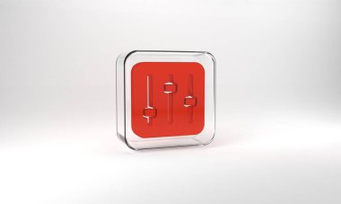 Red Sound mixer controller icon isolated on grey background. Dj equipment slider buttons. Mixing console. Glass square button. 3d illustration 3D render.