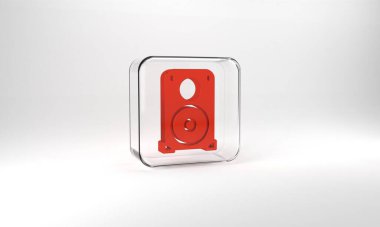 Red Stereo speaker icon isolated on grey background. Sound system speakers. Music icon. Musical column speaker bass equipment. Glass square button. 3d illustration 3D render.