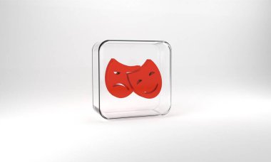 Red Comedy and tragedy theatrical masks icon isolated on grey background. Glass square button. 3d illustration 3D render.