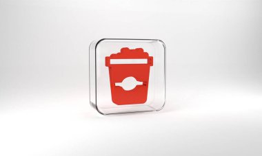 Red Popcorn in cardboard box icon isolated on grey background. Popcorn bucket box. Glass square button. 3d illustration 3D render.