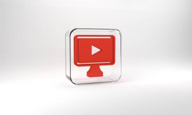 Red Online play video icon isolated on grey background. Film strip with play sign. Glass square button. 3d illustration 3D render.
