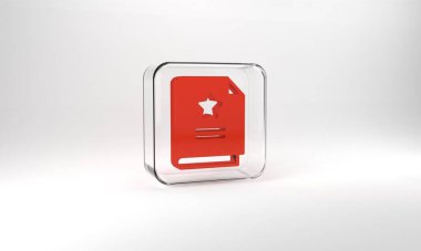 Red Scenario icon isolated on grey background. Script reading concept for art project, films, theaters. Glass square button. 3d illustration 3D render.