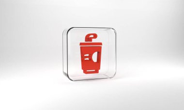Red Paper glass with drinking straw and water icon isolated on grey background. Soda drink glass. Fresh cold beverage symbol. Glass square button. 3d illustration 3D render.