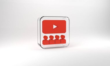 Red Cinema auditorium with screen icon isolated on grey background. Glass square button. 3d illustration 3D render.