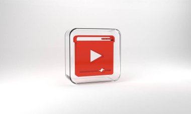 Red Online play video icon isolated on grey background. Film strip with play sign. Glass square button. 3d illustration 3D render.