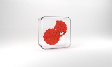Red Cookie or biscuit with chocolate icon isolated on grey background. Glass square button. 3d illustration 3D render.