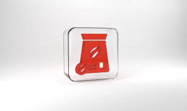Red Bag of coffee beans icon isolated on grey background. Glass square button. 3d illustration 3D render.