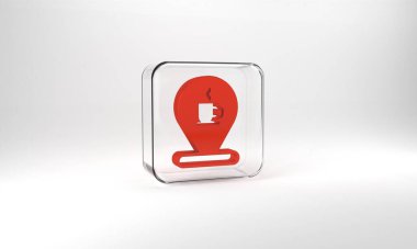 Red Location with coffee cup icon isolated on grey background. Glass square button. 3d illustration 3D render.