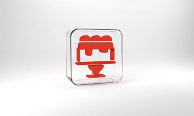 Red Cake icon isolated on grey background. Happy Birthday. Glass square button. 3d illustration 3D render.