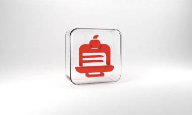 Red Piece of cake icon isolated on grey background. Happy Birthday. Glass square button. 3d illustration 3D render.