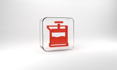 Red French press icon isolated on grey background. Glass square button. 3d illustration 3D render.
