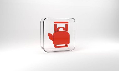 Red Kettle with handle icon isolated on grey background. Teapot icon. Glass square button. 3d illustration 3D render.