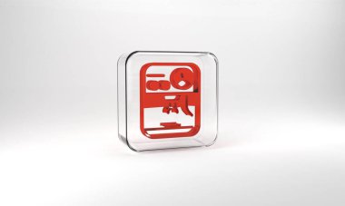 Red Coffee machine icon isolated on grey background. Glass square button. 3d illustration 3D render.