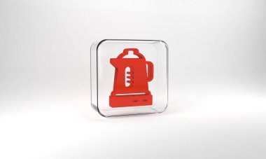 Red Electric kettle icon isolated on grey background. Teapot icon. Glass square button. 3d illustration 3D render.