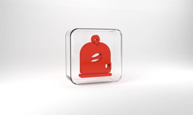 Red Bag of coffee beans icon isolated on grey background. Glass square button. 3d illustration 3D render.