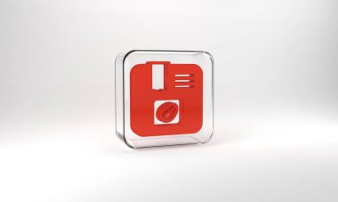 Red Bag of coffee beans icon isolated on grey background. Glass square button. 3d illustration 3D render.
