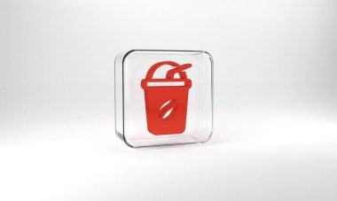 Red Iced coffee icon isolated on grey background. Glass square button. 3d illustration 3D render.