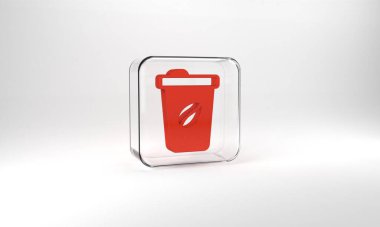 Red Coffee cup to go icon isolated on grey background. Glass square button. 3d illustration 3D render.