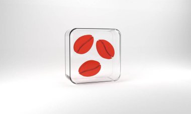 Red Coffee beans icon isolated on grey background. Glass square button. 3d illustration 3D render.