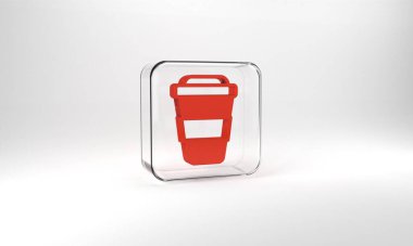 Red Coffee cup to go icon isolated on grey background. Glass square button. 3d illustration 3D render.