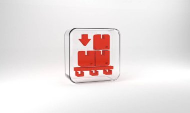 Red Cardboard boxes on pallet icon isolated on grey background. Closed carton delivery packaging box with fragile signs. Glass square button. 3d illustration 3D render.