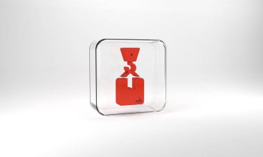Red Crane with carton cardboard box icon isolated on grey background. Crane lifts a container with cargo. Glass square button. 3d illustration 3D render.