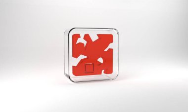 Red Broken cardboard box icon isolated on grey background. Box, package, parcel sign. Delivery and packaging. Glass square button. 3d illustration 3D render.