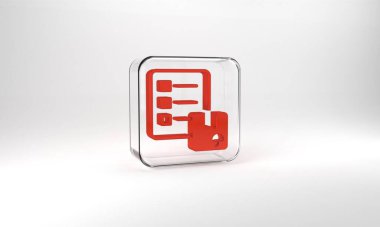 Red Verification of delivery list clipboard icon isolated on grey background. Glass square button. 3d illustration 3D render.