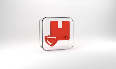 Red Delivery security with shield icon isolated on grey background. Delivery insurance. Insured cardboard boxes beyond the shield. Glass square button. 3d illustration 3D render.