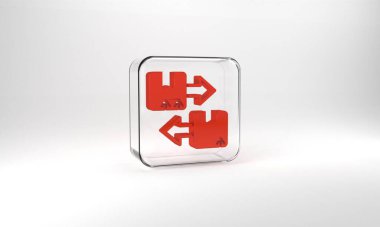 Red Cardboard box with traffic symbol icon isolated on grey background. Box, package, parcel sign. Delivery, transportation and shipping. Glass square button. 3d illustration 3D render.