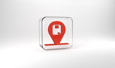 Red Location with cardboard box icon isolated on grey background. Delivery services, logistic and transportation, distribution. Glass square button. 3d illustration 3D render.