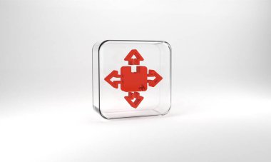 Red Carton cardboard box icon isolated on grey background. Box, package, parcel sign. Delivery and packaging. Glass square button. 3d illustration 3D render.