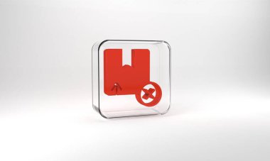 Red Carton cardboard box icon isolated on grey background. Box, package, parcel sign. Delivery and packaging. Glass square button. 3d illustration 3D render.