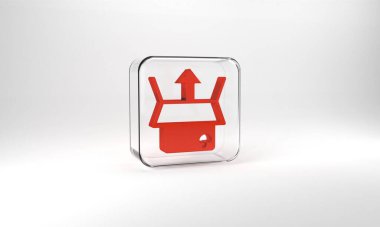 Red Unboxing icon isolated on grey background. Glass square button. 3d illustration 3D render.