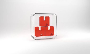 Red Carton cardboard box icon isolated on grey background. Box, package, parcel sign. Delivery and packaging. Glass square button. 3d illustration 3D render.
