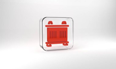 Red Container icon isolated on grey background. Crane lifts a container with cargo. Glass square button. 3d illustration 3D render.