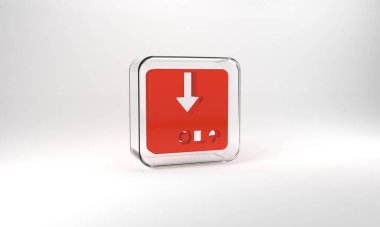 Red Carton cardboard box icon isolated on grey background. Box, package, parcel sign. Delivery and packaging. Glass square button. 3d illustration 3D render.