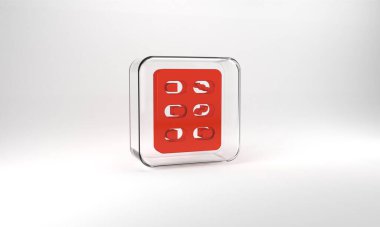Red Pills in blister pack icon isolated on grey background. Medical drug package for tablet, vitamin, antibiotic, aspirin. Glass square button. 3d illustration 3D render.
